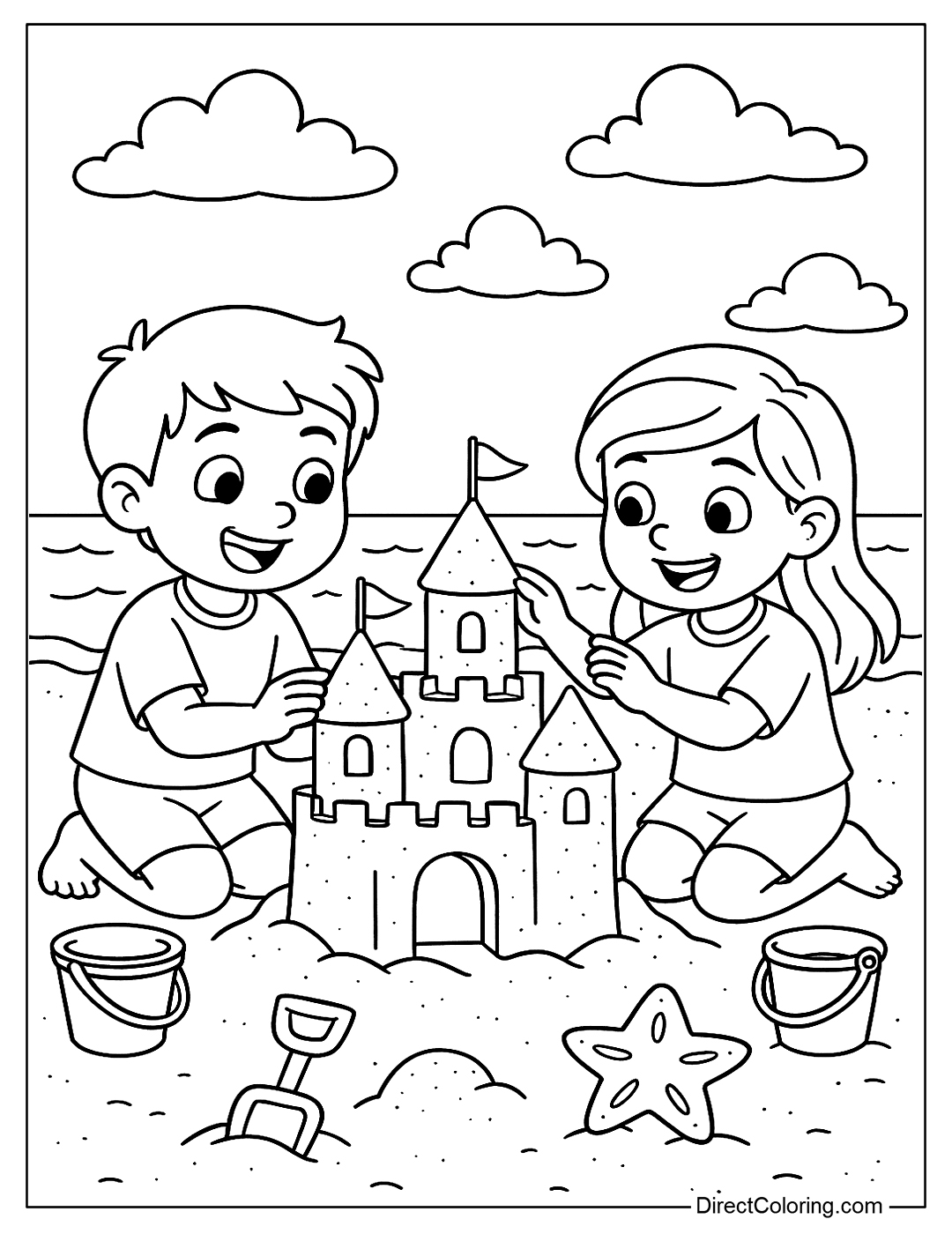 coloring page Kids are competing to build giant sandcastles on the beach